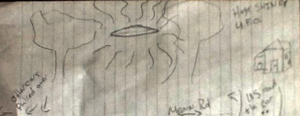 The witness drew this illustration after he and his daughter witnessed a disc-shaped UFO hovering over Mann Road in Indianapolis on November 11, 2013. (Credit: MUFON)