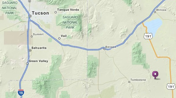 Map of Gleeson in relation to Tucson. It is about 100 miles to the southeast. (Credit: Mapquest)