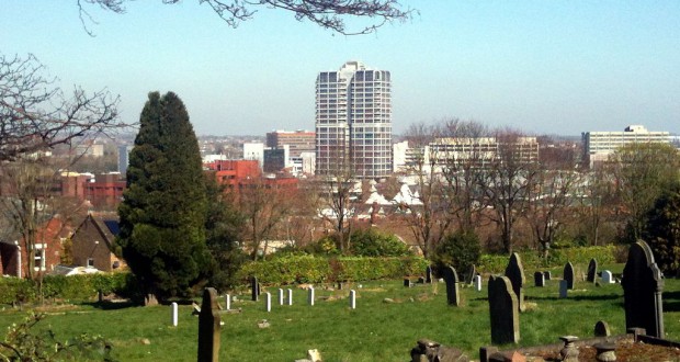 The witness was at Drove Road near the Magic Roundabout Intersection with very good visibility about 8 p.m. on October 3, 2014, when the object was first seen. Pictured: Swindon town centre from Radnor Street Cemetery. (Credit: Wikimedia Commons)