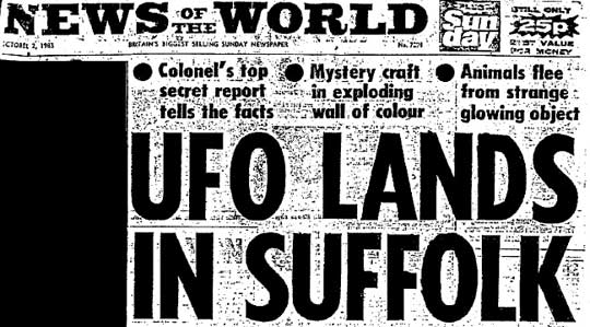 A newspaper clipping in the MOD files of the story that broke the Rendlesham forest UFO sighting.
